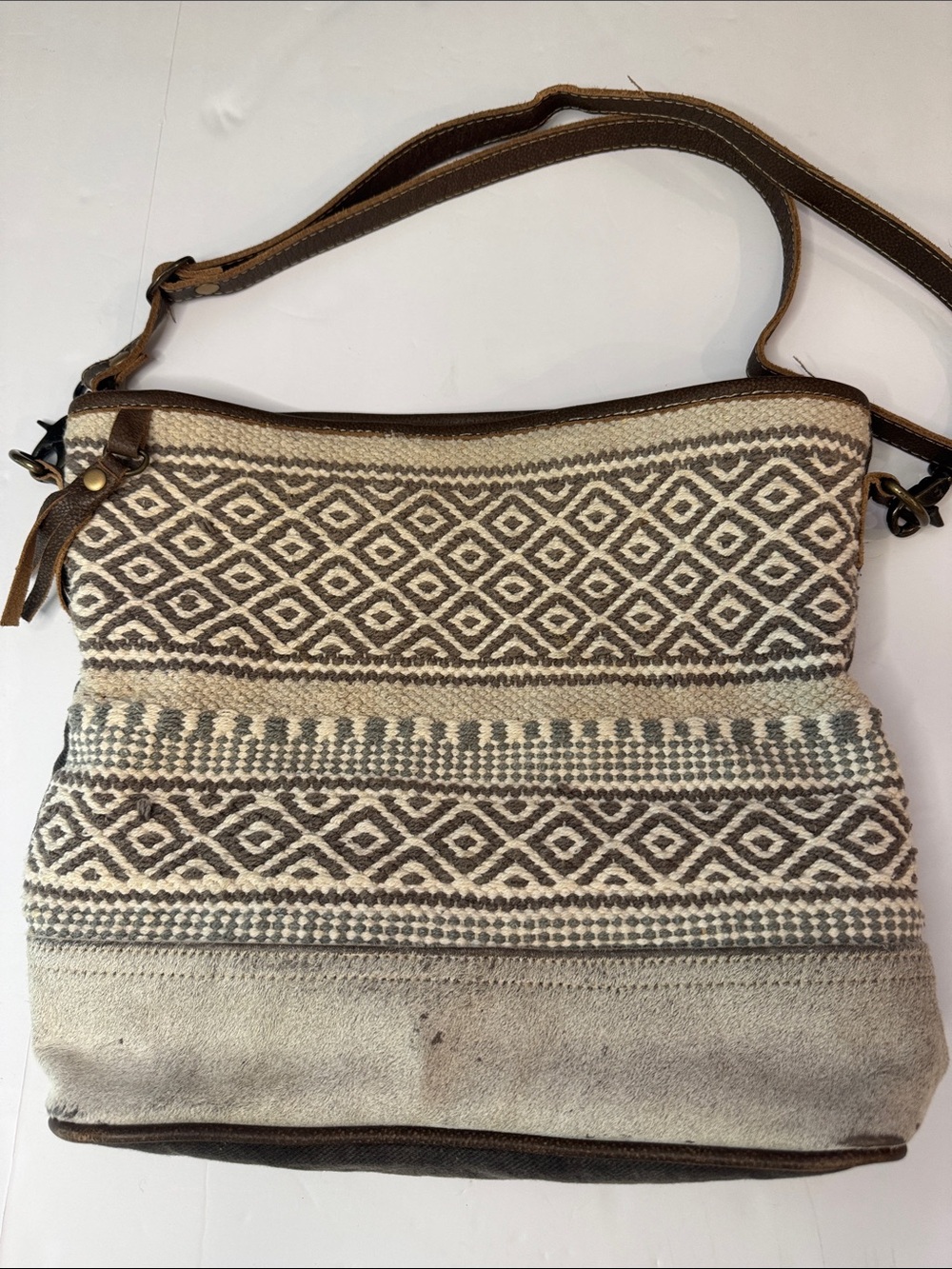 Myra Bag Boho Beige & Brown, Cowhide, Cotton, Leather, Crossbody Bag/ Purse - Picture 11 of 12
